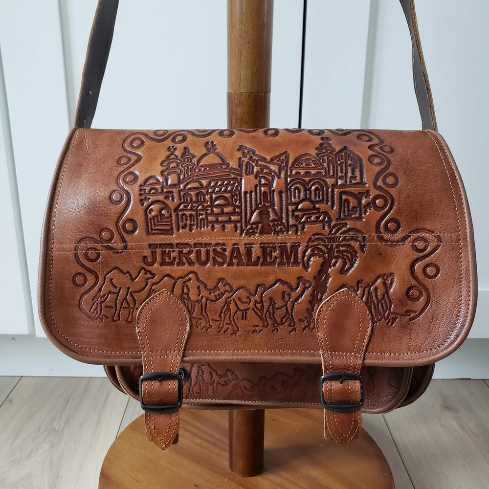 Holy Land Jerusalem Messenger Bag Unisex Medium Brown Leather Tooled Souvenir